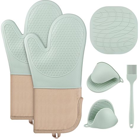 6 Gants de Four, Gants et Maniques en Silicone, Maniques Cuisine Résistants à la Chaleur, Antidérapants, Gants de Cuisine pour la Cuisson, la Pâtisserie, Le Grillage (Vert) (1/4)