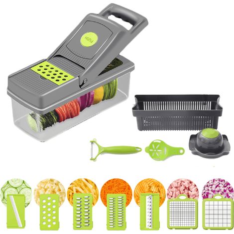 Coupe-légumes manuel multifonction, hachoir à légumes 7 lames inox, mandoline 14-en-1 avec séparateur de jaune d’œuf, récipient de cuisine, trancheuse à légumes 12-en-1 pour usage quotidien (1/5)