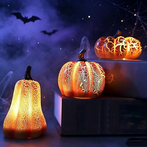 3 Pièces Citrouille de Décoration LED, Deco Halloween Interieur, Citrouille Lumineuse, Decoration Bougie à Pile Résine Orange Lumière Festival Fête (1/5)