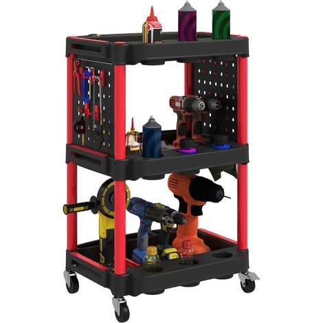 Chariot à outils, étagères à trois niveaux, 4 roues, plastique, 10 crochets, rouge