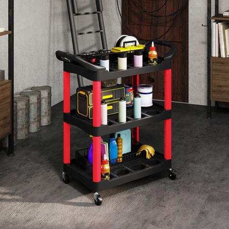 Carrello da officina 83x43x97 cm, 3 ripiani, 12 fori porta attrezzi, con maniglia, plastica nera (1/5)