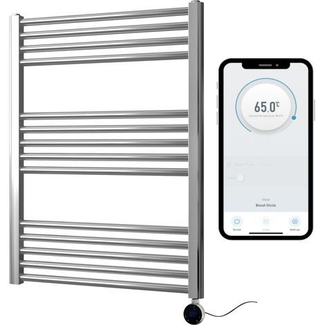 Chrome Electric Smart WiFi Controlled Heated Towel Rail 600mm W x 800mm H Straight 7 Day Programmable Timer App Compatibility