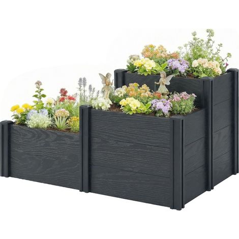 Jardinière surélevée 3 niveaux, lit de jardin à fond ouvert, pour fleurs et légumes, 120x80x64 cm, effet bois gris (1/5)