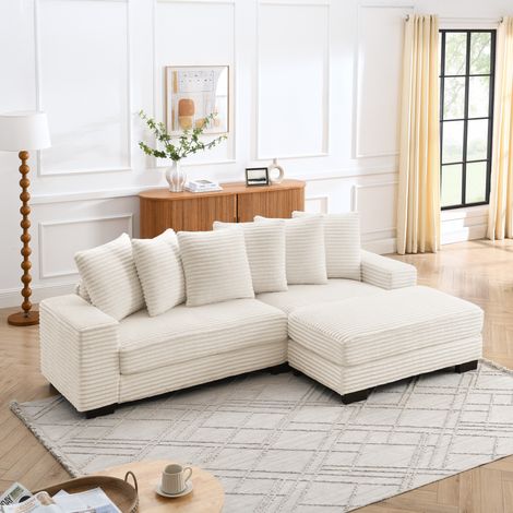 Divano angolare a L, divano da 4 posti con 6 cuscini, in velluto, piedini in plastica rinforzata, beige (1/5)