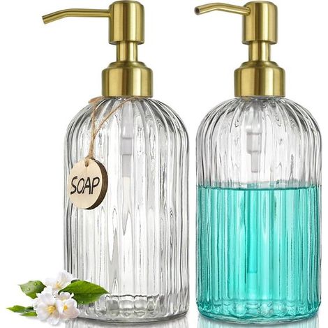 2 teiliges Seifenspender Set aus Glas 400 ml mit goldener Pumpe Bambusschale, Trichter und 18 Aufklebern Transparenter Spender für Küche und Bad (1/5)