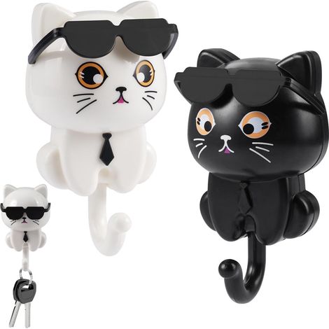 Filiyano – support mural pour clés – Crochets porte-clés chat à lunettes de soleil - Crochets adhésifs pour vêtements - avec support mural pour clés (1/5)