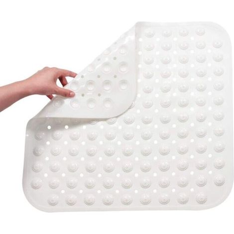 Tapis de bain antidérapant, carré, en PVC anti-moisissure avec ventouses, antibactérien, durable, massage des pieds, 48 x 48 cm (blanc) (1/5)