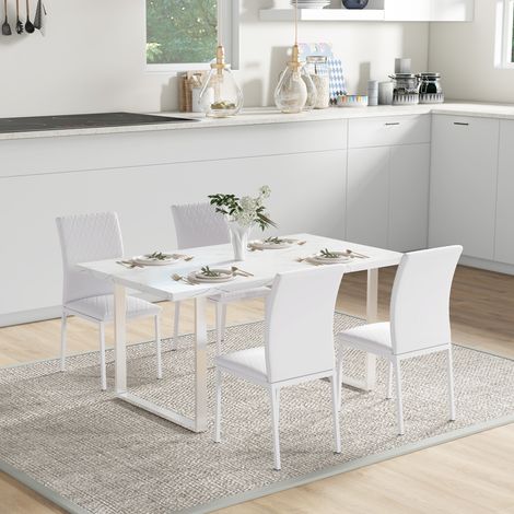 Set de 4 chaises de salle à manger, chaise de cuisine avec dossier, simili cuir, fauteuil de salon avec repose-pieds, chaises rembourrées à piètement métal pour table, blanc (1/5)