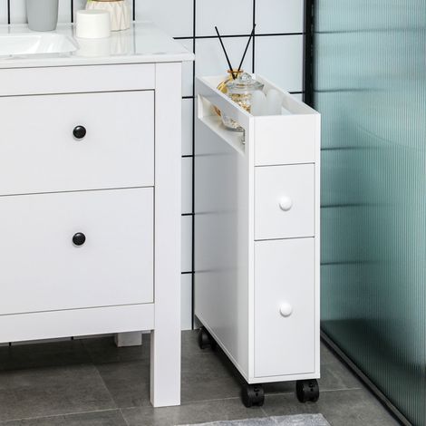 Armoire à roulettes pour chariot de salle bain Niche, 16 x 49, design mince, deux tiroirs, quatre roues, 5 x 66 cm, blanc (1/4)