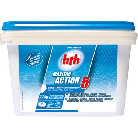 HTH – Chlore stabilisé multifonction 5 en 1 – Galets de 135g – 2,7 kg – Désinfectant chloré pour piscine – Traitement préventif contre algues (1/5)