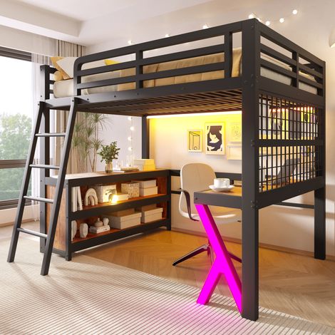 Lit mezzanine 140x200 cm avec bureau et armoire - Lit haut 2 places avec bande LED, rangements et échelle, Métal noir (1/5)