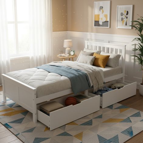 Bett Einzelbett Stauraum 90x200 Holz Weiß OKMYHOME (1/5)