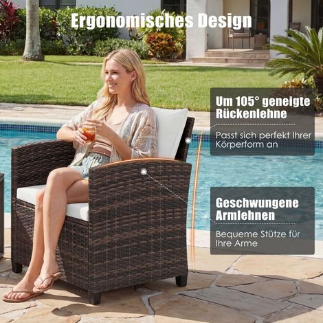 Salon de jardin marron et beige en résine tressée avec 2 fauteuils à coussins et table basse en verre trempé pour balcon terrasse (1/5)