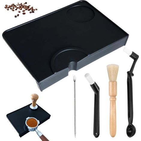 Coffee grounds mat silicone coffee grounds mat with wooden handle brush + long coffee brush + short coffee brush + push pin with edge protection coffee machine accessory (1/5)