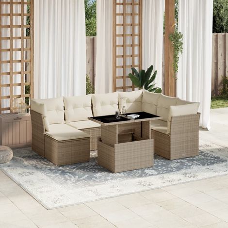 Ensemble de jardin 8 places en résine tressée beige avec coussins - Table extensible verre trempé - Meuble terrasse modulaire (1/5)