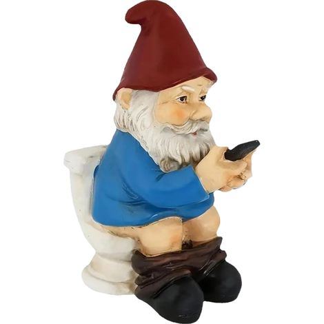 Nains de jardin, figurines de nain drôle, statue nain assis sur les toilettes et regardant leur téléphone portable, statue en résine résistante aux intempéries pour jardin extérieur, cour, figurin (1/5)