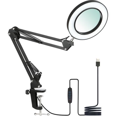Lampe de table flexible à pince avec loupe x8, bras articulé, LED à intensité variable, 3 modes de couleur et 10 niveaux de luminosité, idéale pour la lecture, le travail et les études. (1/5)
