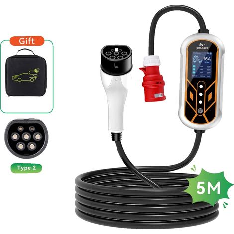 Chargeur EV Portable, Câble de 5M, Options de Courant Réglables, 11KW 16A 5M, Type2 (1/2)