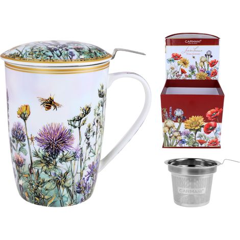 Carmani, Tasse mit Teesieb und Deckel 600 ml - Laura Lozano/Blumenwiese mit Kamille (1/5)