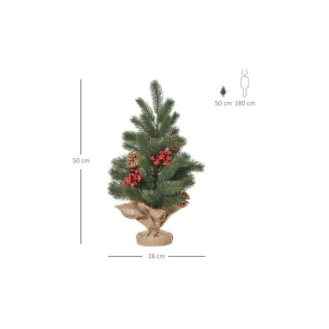 Sapin de Noël artificiel vert 50 cm en PE avec 55 branches, 4 baies rouges, 4 pommes de pin et socle en ciment pour salon et table (1/5)