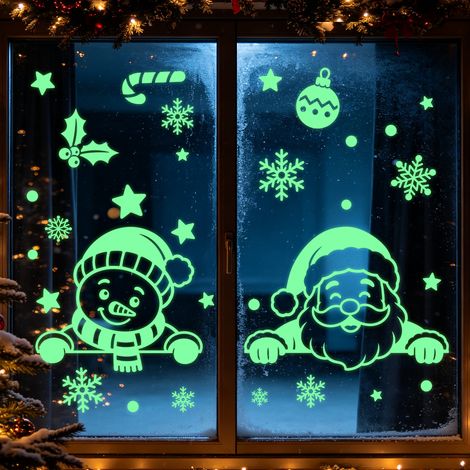 Autocollants Père Noël phosphorescents, autocollants en verre rennes fluorescents, autocollants électrostatiques flocons de neige verts lumineux, décorations de fenêtre.