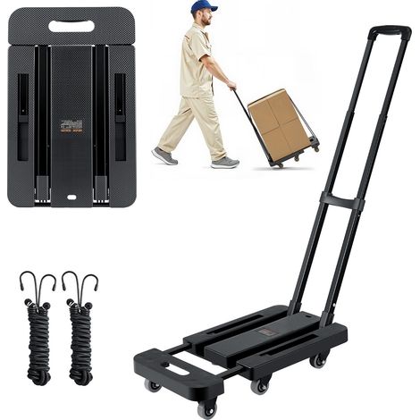 Diable Pliant 6 Roues, Chariot à Bagages Pliable, Capacité de Charge 226,8 kg, 2 Cordes Élastiques, Base Extensible, Chariot Utilitaire pour Déménagement, Manutention, à l'Aéroport, Bureau, Noir (1/5)