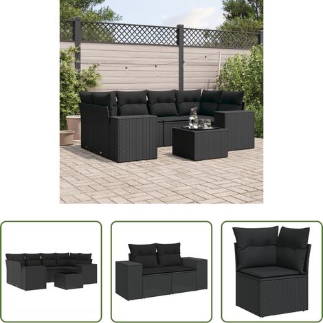 vidaXL Set de comedor de jardín 7 pzas y cojines ratán sintético negro (1/5)