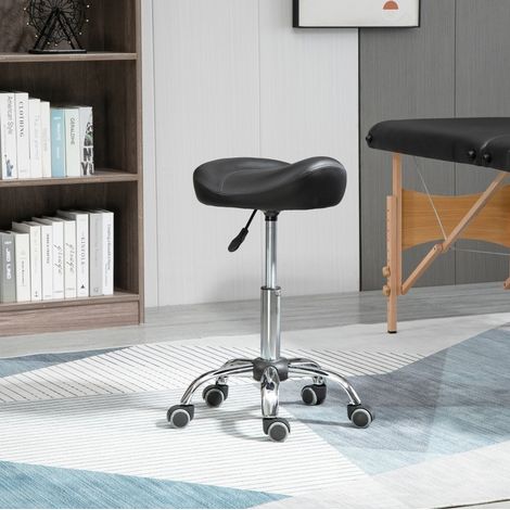 Sgabello da lavoro 48x48x54-69 cm nero in similpelle regolabile con ruote e seduta a sella (1/5)