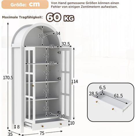 Hohe Vitrine 75 x 35 x 170,5 cm aus weißem MDF mit verstellbaren Böden und Schublade – MEUBLIV (1/5)