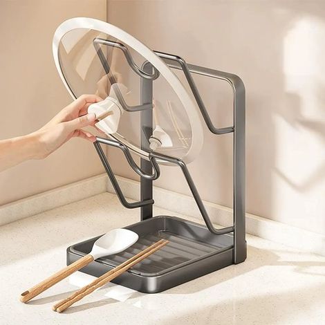 Organizador apto para tapas de ollas,soporte para tapas,estante para utensilios de cocina,diseño 2 en 1,con capacidad para dos tapas de ollas (1/4)