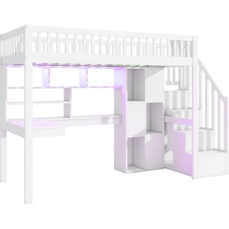 Cama alta 90 x 200 cm con escritorio, escalera de almacenamiento, estantes, LED, blanco (1/5)
