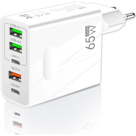 65W 5-Port-USB-Ladegerät (2 USB-C und 3 USB-A) mit QC3.0-Schnellladefunktion für iPhone, Samsung, Xiaomi und Tablets. (1/5)