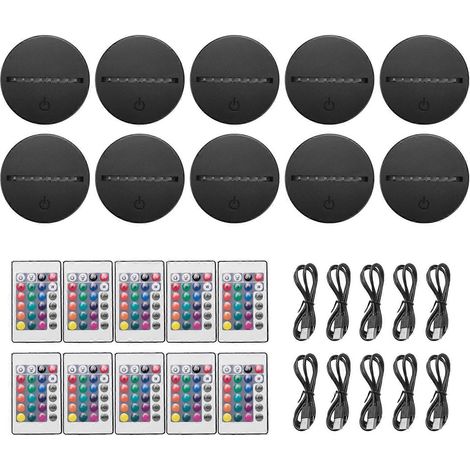 Lot de 10 socles de lampes LED 3D avec télécommande et câble USB, 16 couleurs de lumière, pour acrylique. (1/5)
