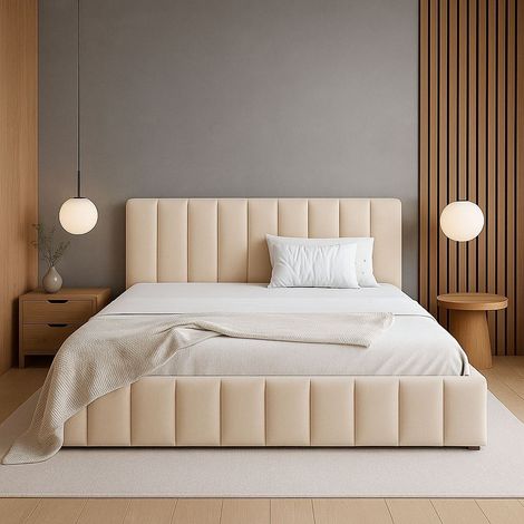 Bett Polsterbett nach Maß 200x200cm Beige Metall-Lattenrost Bett mit Bettkasten und Stauraum (1/5)