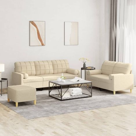 3-tlg. Sofagarnitur mit Kissen Creme Stoff (1/5)