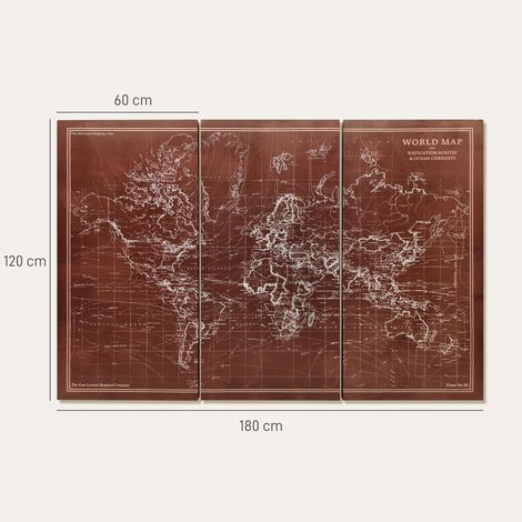 Triptyque vintage fait main représentant une carte du monde, impression sur toile 120x60 cm avec cadre en bois, décoration de chambre marron (1/5)