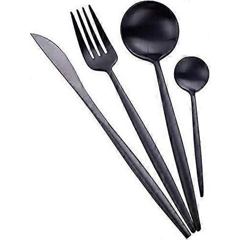 Ensemble de couverts 4 pièces en métal noir et acier inoxydable (couteau, fourchette, cuillère). (1/4)