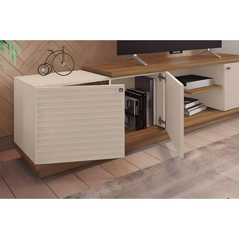 Pegane – Meuble TV 3 portes en panneaux mélaminés Miel / Beige – Dimensions 195 x 36 x 51 cm – Fabrication espagnole – Facile à nettoyer