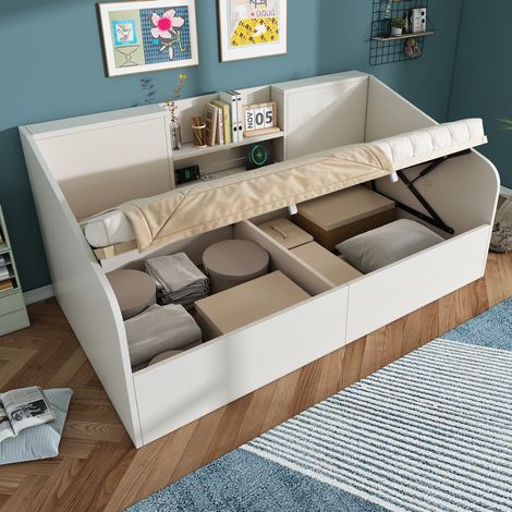 Bett Einzelbett Stauraum 90x200 Holz Weiß OKMYHOME (1/5)