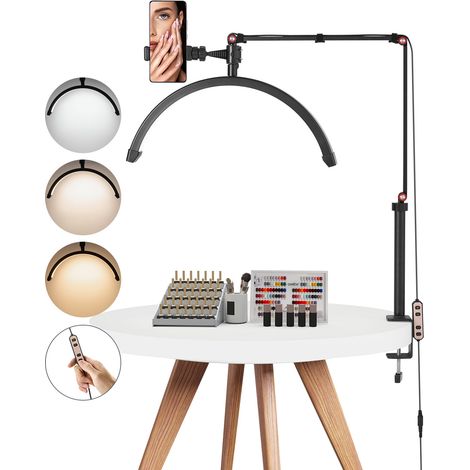 VEVOR Lampe d’Estheticienne Demi-lune de Table, Lampe LED Arc pour Manucure Extension de Cils 20 W, Luminosite et Temperature de Couleur Reglables, avec Support de Telephone, pour Beaute, Sourcils