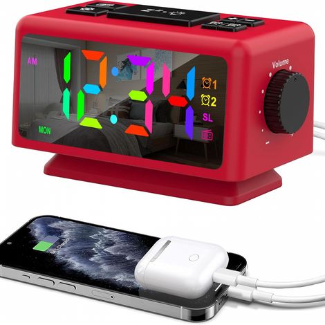 Radio-réveil RGB avec affichage de l'heure, 12 niveaux de réglage du volume et de la luminosité, alarme FM, format 12/24 heures et chargement USB (1/5)