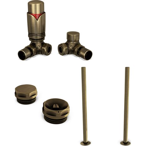 Derry Bold - Thermostatic Radiator Valve & Accessory Kit - Antique Brass Corner 15mm