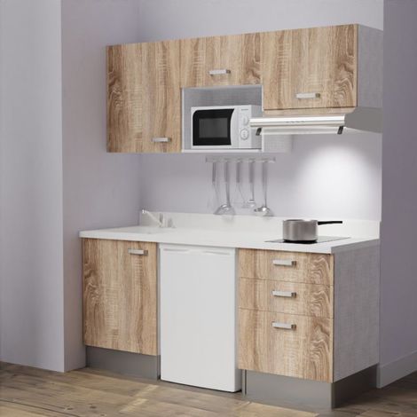 Kitchenette K20L - 180 cm - emplacements frigo, micro-ondes et hotte-Bois-Snova-évier à gauche