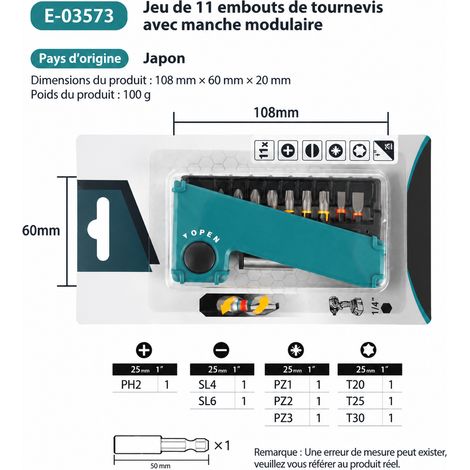 Coffret de tournevis à torsion 11 pièces E-03573 embouts de vissage magnétiques pour visseuse 1 kg – Livraison gratuite