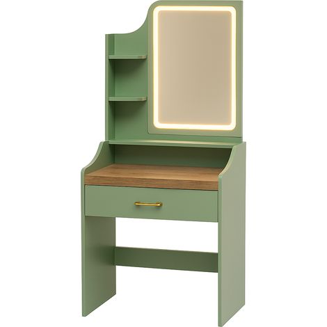 Aphrodite - Schminktisch mit LED-Licht, Schublade, 3 Ablagen und Steckdosen, Makeup-Station aus salbeifarbenem Holz