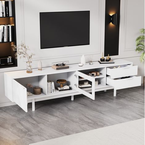 Mueble TV 200 x 40 x 50,5 cm con 2 puertas, 2 cajones y estantes abiertos, blanco DESVIAE (1/5)