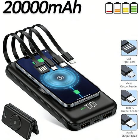 FLITI 20000mAh External Battery, Ultra-Thin Portable Charger with Built-in Cables for Smartphones