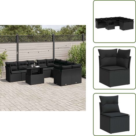 The Living Store Salon de jardin 10 pcs avec coussins noir résine tressée - Ensemble Salon De Jardin - Meuble Extérieur - Résine Tressée - Rotin Synthétique - Canapé D'extérieur (1/5)