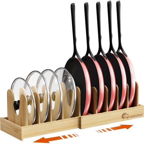 Bambou Rangement Poele et Casserole, 40cm-75cm Extensible Range Couvercle avec 10 Compartiments Réglables, Porte Casseroles Rangement Couvercle pour Tiroir Cuisine (1/5)
