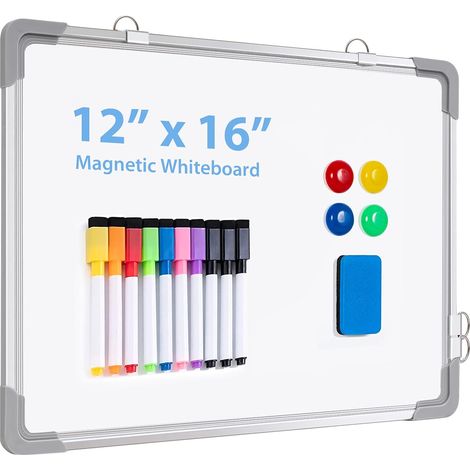 Tableau blanc effaçable à sec pour mur, 10 marqueurs, 4 aimants, 1 gomme, petit tableau blanc magnétique à suspendre double face, 30,5 x 40,6 cm, tableau blanc portable pour dessin, liste (1/5)